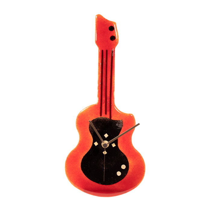 Ρολόϊ  κιθάρα γυάλινο επιτραπέζιο κόκκινο-μαύρο σε γυάλινη βάση