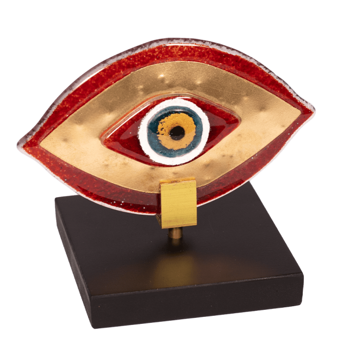 Χειροποίητο γυάλινο μάτι 12χ14 κόκκινο με μέταλλο σε ξύλινη βάση Καλλίστη glass   