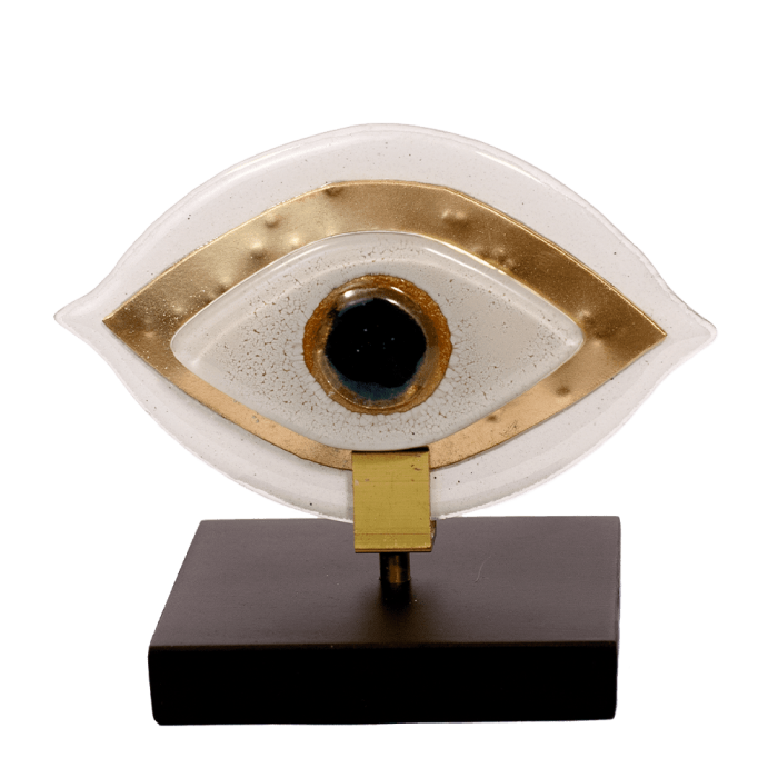 Χειροποίητο γυάλινο μάτι 12χ14 λευκό με μέταλλο σε ξύλινη βάση Καλλίστη glass