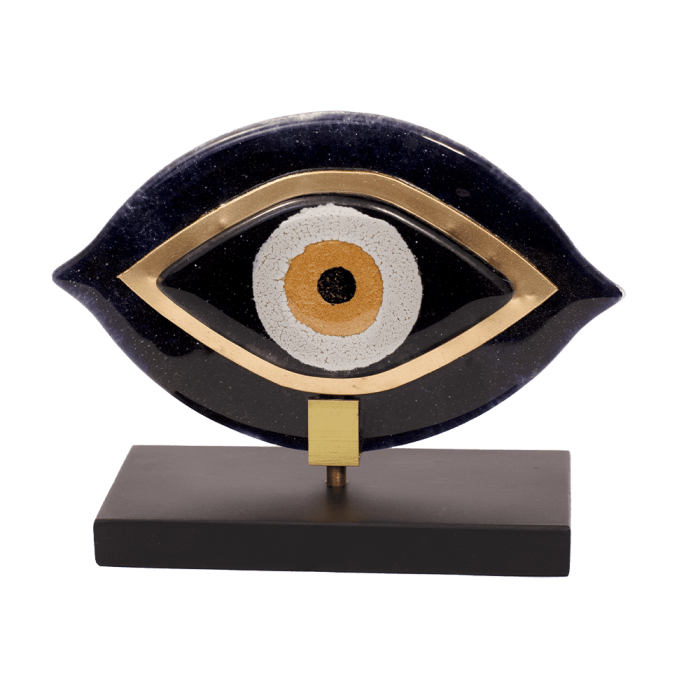 Χειροποίητο γυάλινο μάτι 15χ17 μαύρο με μέταλλο σε ξύλινη βάση Καλλίστη glass