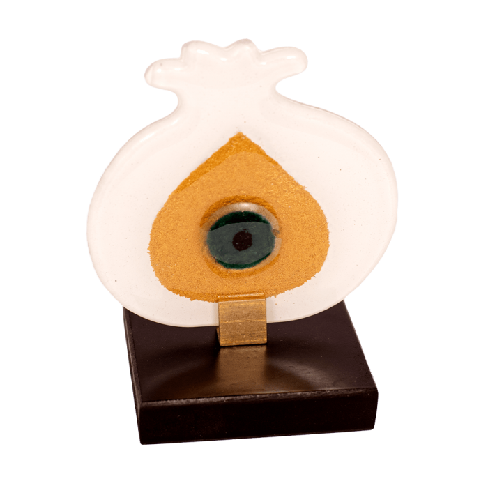 Ρόδι γυάλινο με μάτι λευκό-χρυσό σε ξύλινη βάση