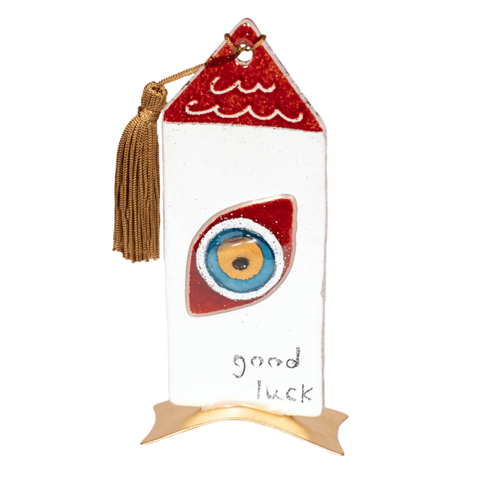 Χειροποίητο γυάλινο σπίτι 16χ7,5 ''Good luck''κόκκινο με μάτι σε μεταλλική βάση Καλλίστη glass