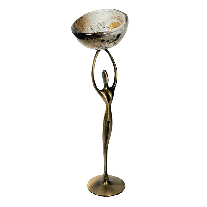 Χειροποίητο κηροπήγιο μπρούτζινο ''Γυναικεία μορφή'' 30χ9 χρυσή σπείρα λευκό-καφέ Καλλίστη glass