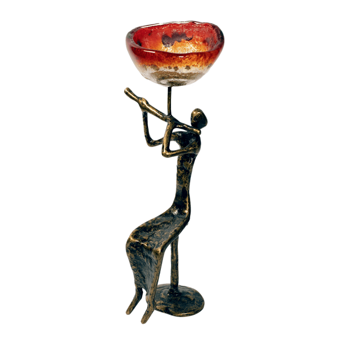 Χειροποίητο κηροπήγιο μπρούτζινο 26χ10 ''Μορφή μουσικός'' χρυσή σπείρα κόκκινο Καλλίστη glass