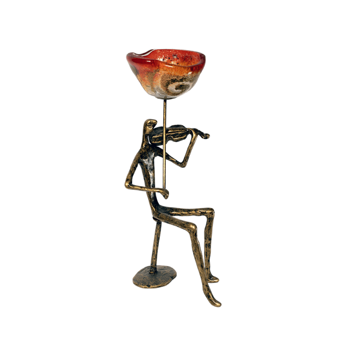 Χειροποίητο κηροπήγιο μπρούτζινο 27χ10 ''Μορφή μουσικός'' χρυσή σπείρα κόκκινο Καλλίστη glass