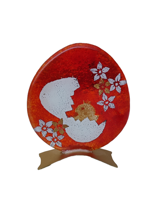 Πασχαλινό αυγό γυάλινο χειροποίητο ''Καλλίστη'' με κοτοπουλάκι κόκκινο-λευκό σε μεταλλική βάση