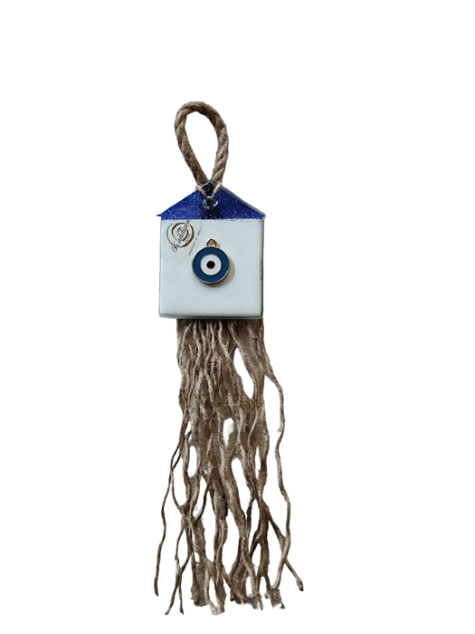 Σπίτι γυάλινο γούρι χειροποίητο μπλε-λευκό 8εκ με μεταλλικό μάτι ''Καλλίστη''