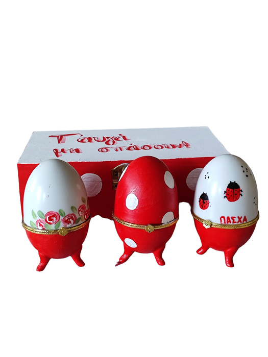 Σετ 3τμχ πασχαλινά πορσελάνινα αυγά σε ξύλινο κουτί κόκκινο-λευκό 8Χ20 ''Καλλίστη''
